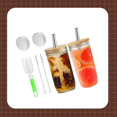 Glass Cups With Lids And Straws 2 Pack Reusable Glass Tumbler Bubba Tea Cup Iced Coffee Cup Mason Jar Drinking Glasses With 2 Bamboo Lid, 2 Plastic Li -  Eternal Night, EternalNight819679a