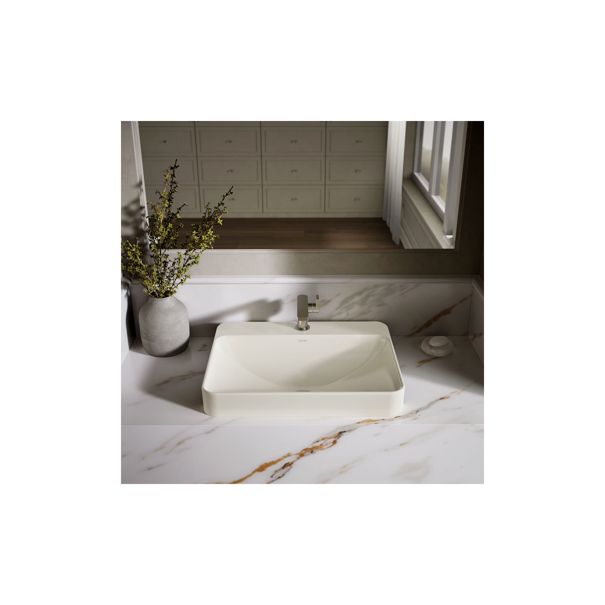 Vox Vitreous China Rectangular Vessel Bathroom Sink with Overflow, 1, Biscuit