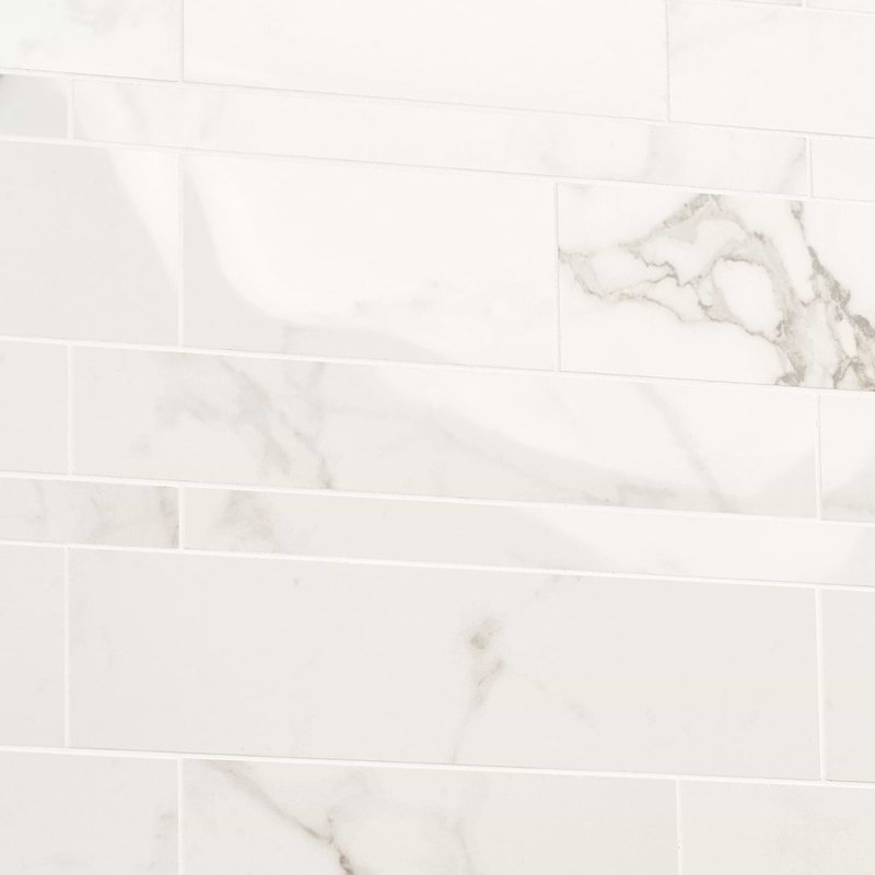 Dreamstone Railroad Porcelain Mosaic, Statuario Venato Polished