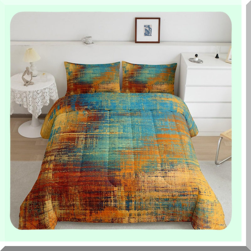 Grunge Ombre Watercolor Comforter Set - Luxurious Queen Size Bedding with Abstract Geometry Design - Blue Tie Dye and Teal Gradient Quilt Set