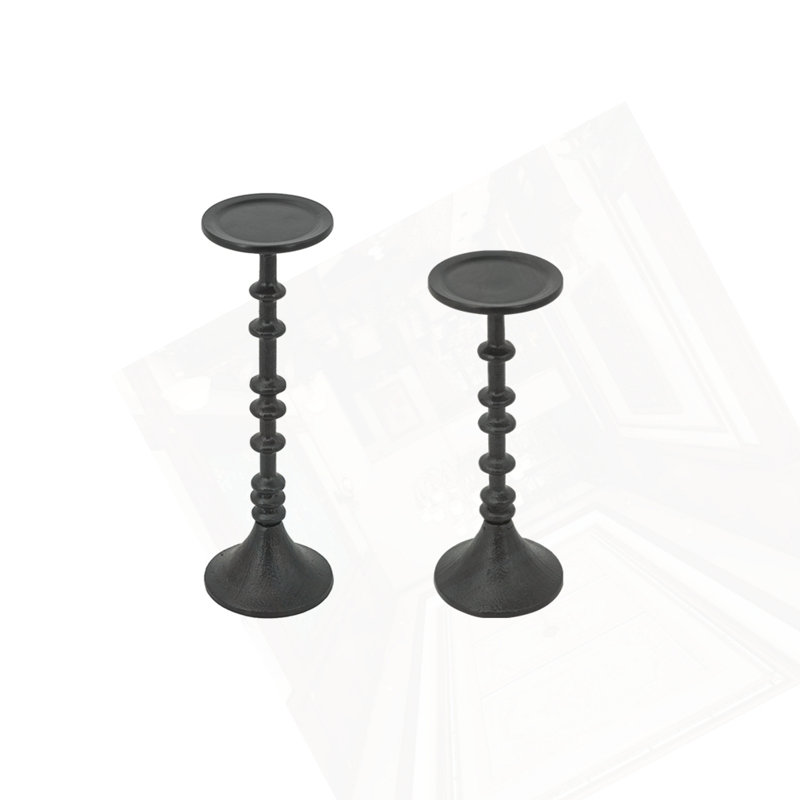 Set Of 2 Decorative Black Iron Candle Holder With Spindle Design
