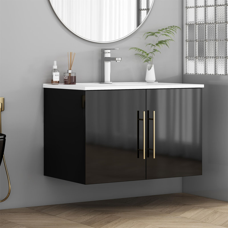 Ensemble de meuble-lavabo mural noir brillant 30 po avec lavabo, Noir