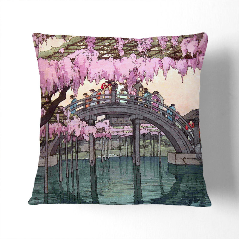 Drum Bridge At Kameido Shrine Square Throw Cushion, 40cm H x 40cm W x 15cm D