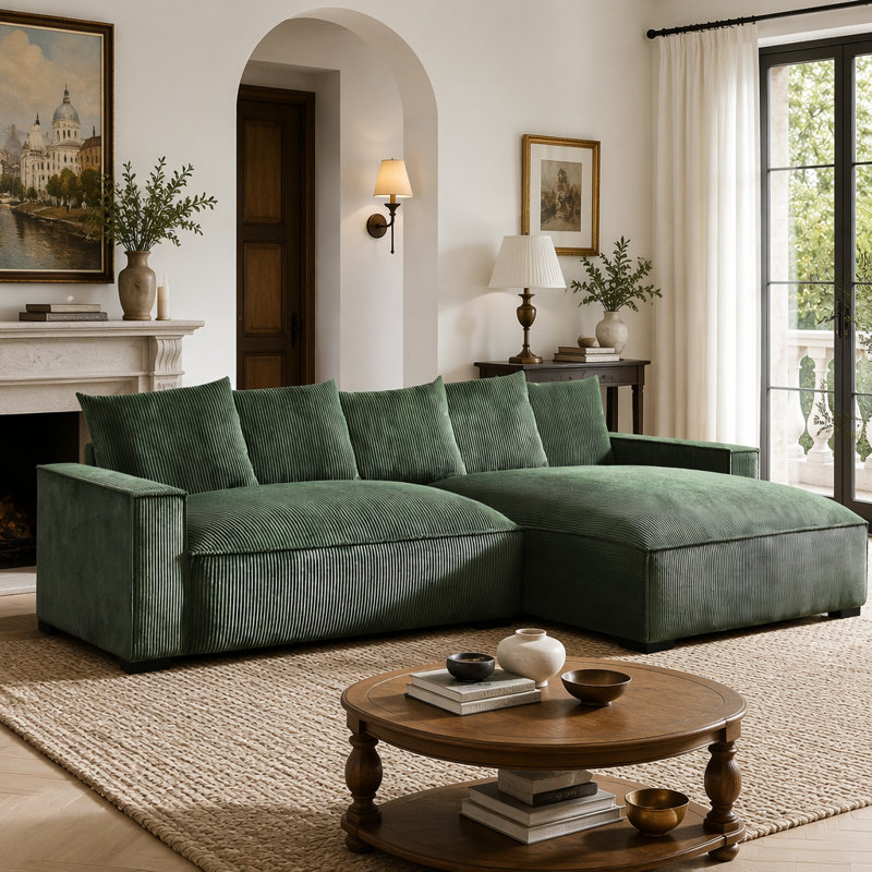 Canapé modulaire en L avec rembourrage en duvet de plumes et revêtement en velours côtelé, Velours côtelé vert foncé