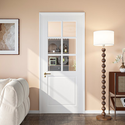 28'' X 80''H Clear Glass Slab Door 6-Lite Glass French Interior Door Pre-Finished Paintable Single Panel For Living Room Pantry Laundry Closet As Prehung, Pocket, Shaker W/O Hardware