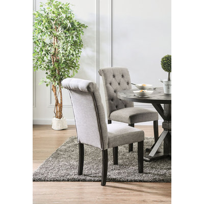 Set Of 2 Side Chairs Button Tufted Linen Like Fabric Solid Wood Chair Upholstered Scroll Back Kitchen