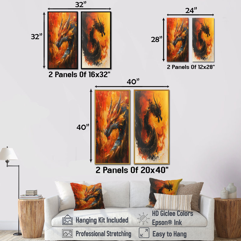 Ensemble de 2 pièces d'art mural orange et jaune braises, Cadre flottant brun, H 28 po x l 24 po