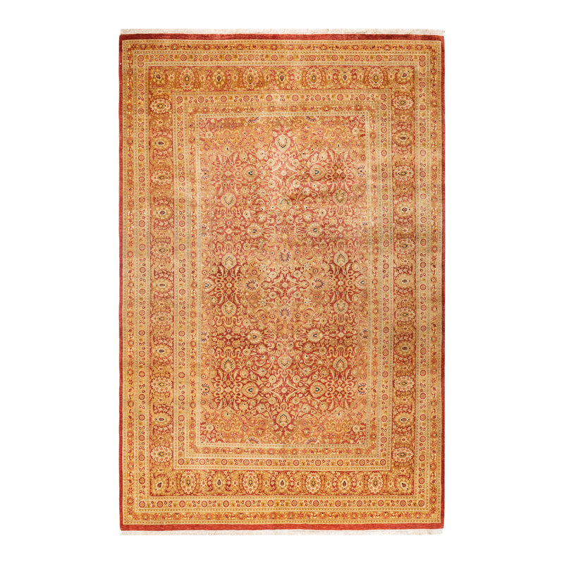 Tapis noué à la main de conception unique Spirgel - orange, 6 pi 2 po x 9 pi 5 po