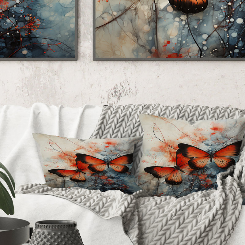 Orange Teal Butterfly Symphony Of Wings - Butterfly Printed Throw Pillow