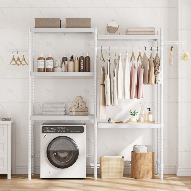Tablette de rangement à 5 niveaux pour laveuse-sécheuse, support de rangement robuste à hauteur réglable avec planche de bois double couche blanche et cadre en fer, rangement pour salle de lavage peu encombrante pour petits espaces, 28 po