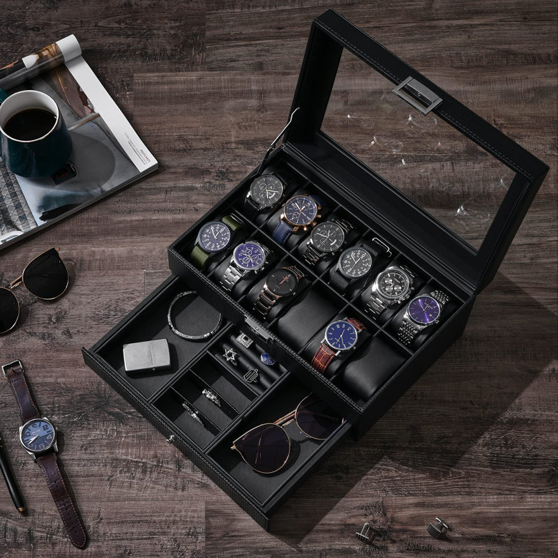 Watch Box Organizer 12 Slot Watch Case With Valet Drawer, Mens Watch Display Cases For Men