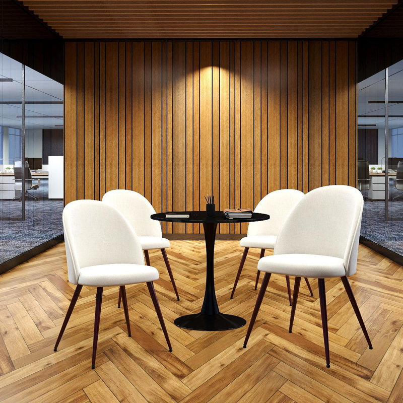 Ensemble de réception moderne 5 pièces avec table à piédestal ronde noire et 4 chaises d'invité rembourrées, Beige