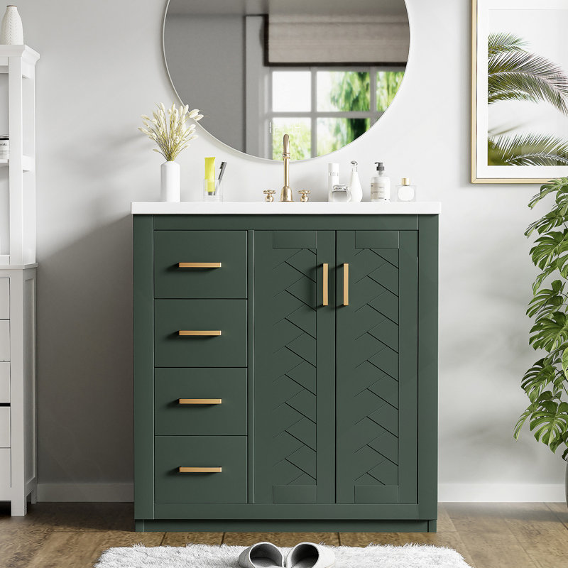 Ensemble de meuble-lavabo 30 po avec lavabo en céramique, armoire de rangement en bois massif, ensemble de meuble-lavabo autoportant avec 3 tiroirs et portes à fermeture douce
