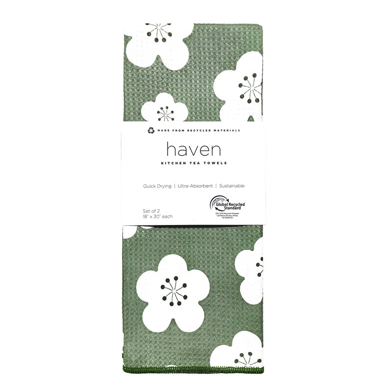Serviettes imprimées en microfibre GRS - 18 x 30 po, Motif floral rétro vert