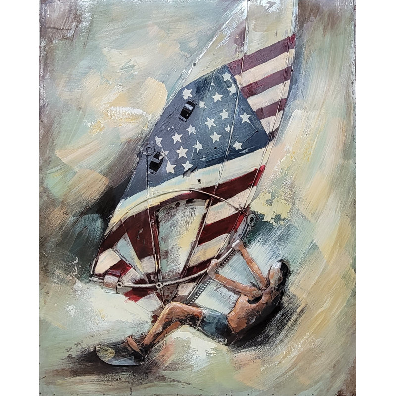 Windsurfing American Flag 3D Wall Art Painting Mixed Media Metal Wood Art