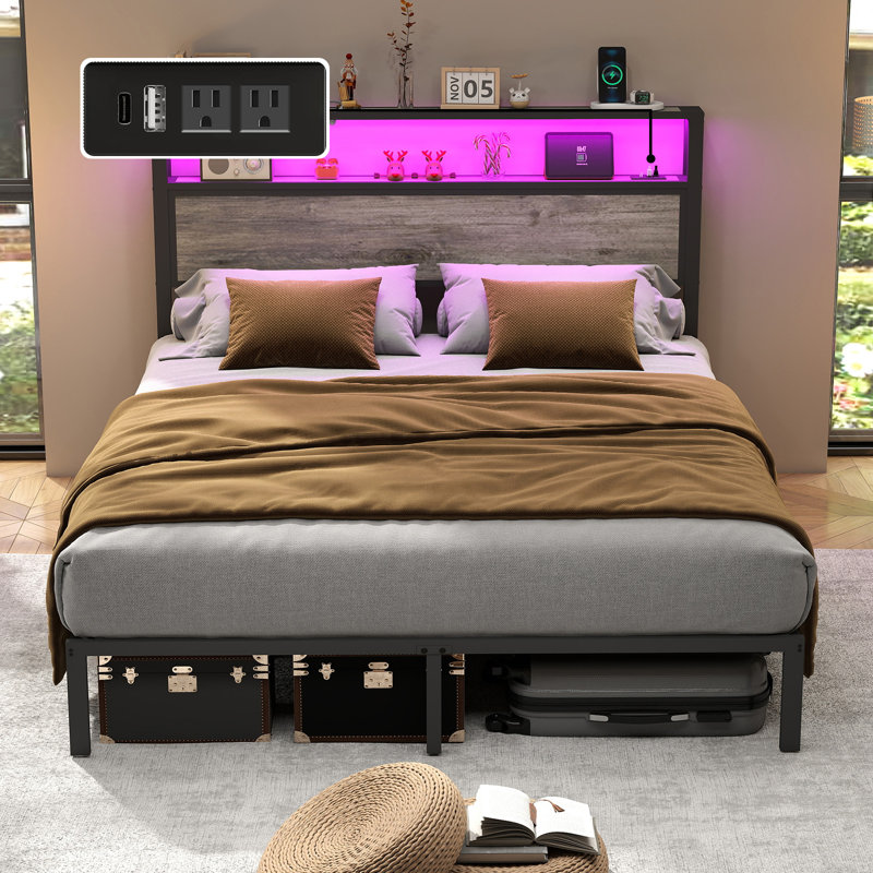 Structure de lit avec tête de lit à 2 niveaux, lit plateforme avec lumières DEL et station de charge, espace de rangement sous le lit