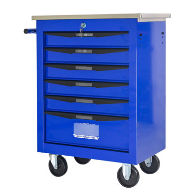 Multifunctional 6 Drawers Tool Cart For Warehouse, Metal Rolling Unit With Stainless Steel Roof, Black & Blue, 15Kg Loading Capacity Slides Workshop Cart, Pull Handle, Slides, 4