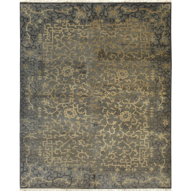 Black Hand-Knotted Wool Labyrinthine Border Geometric Modern Contemporary Carpet Rug, 6' x 8'