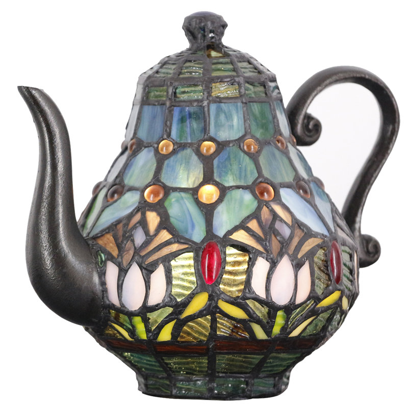 Small Tiffany Lamp Stained Glass Animal Table Lamp Mini Accent Desk Light (Tulip Blue Teapot)