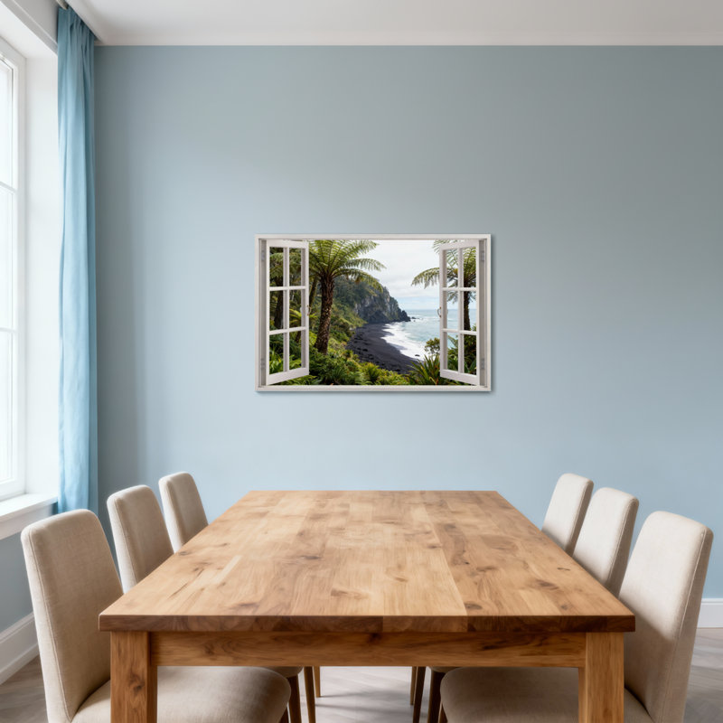 Paysage et nature Scène de plage tropicale à travers une fenêtre ouverte, H 12 po x l 18 po