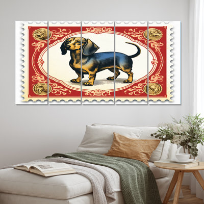 Illustration rétro de timbre de teckel mignon II - animaux, chien, art mural, salon, 5 panneaux égaux