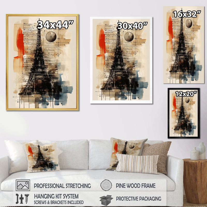 «Paris Eiffel Tower Retro Illustration I», reproduction sur toile, H 44 po x l 34 po, Toile tendue