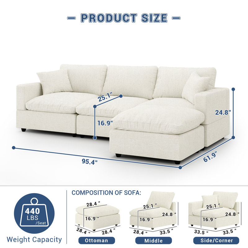 Cloud Couch Modular Sectional Sofa, Deep Seat Convertible Modular Couches For Living Room, Modern Comfy Down Filled Soft Cloud Sectional Sofa With Movable Ottoman