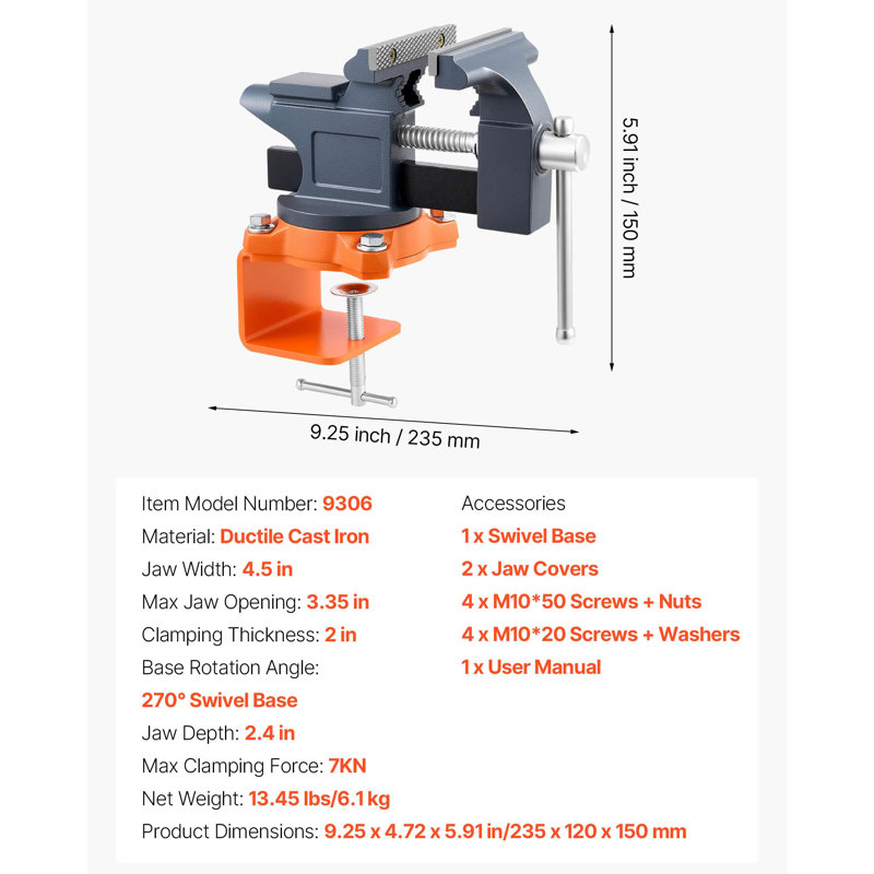 Étau d'établi, étau d'établi portatif de 4,5 po avec base pivotante à 270 °, pince de banc rotative à dégagement rapide, fabrication en fonte, pour le travail du bois, le travail des métaux, le perçage, le sciage, le conduit de coupe