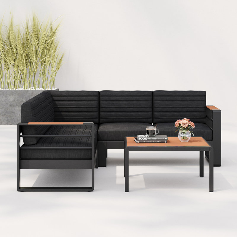 Ensemble de causeuse en V avec accoudoir à droite: 2 canapés, 1 coin, table basse. Structure en aluminium, intérieur gris foncé - doublures intérieures: deux avec surface noire, hydrofuge