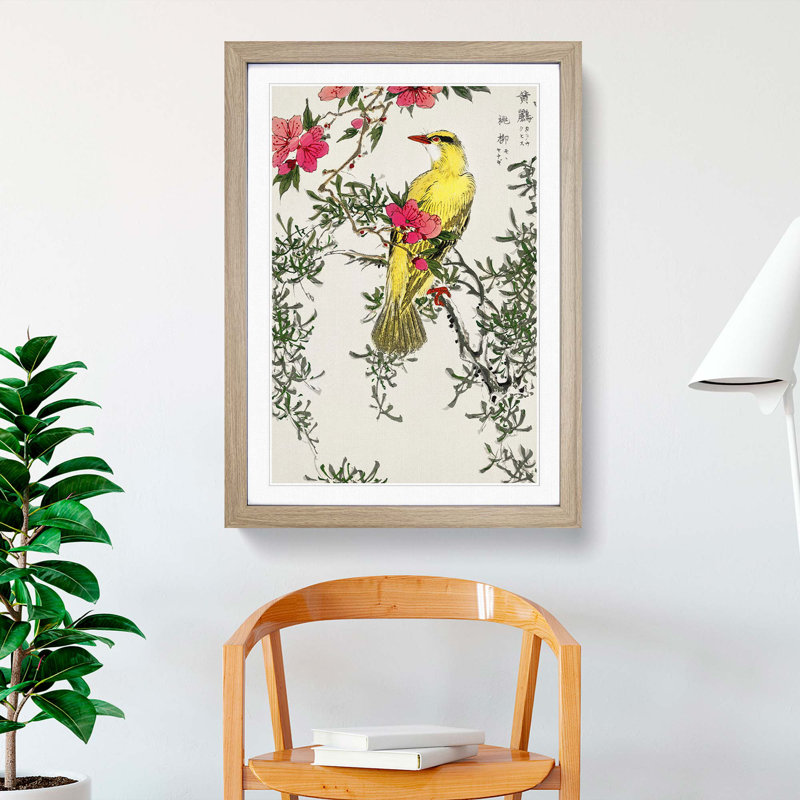 Bush-Warbler & Drooping Peach by Numata Kashu - Picture Frame Art Print, Oak Framed, 65cm H x 48cm W x 2cm D