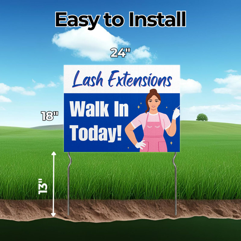 Lash Extensions - Walk In Todday! Yard Sign by DC | 24"x18" Double Sided Lashes & Brows Garden Sign with 13” Metal Stakes | Outdoor Signs Waterproof for Lawn, Patio, Sidewalk & House | Set of 1