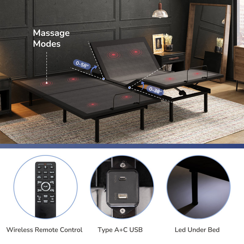 Split King Massaging Adjustable Bed With 14 Inch Memory Mattress Included, Wireless Remote, Underbed Light