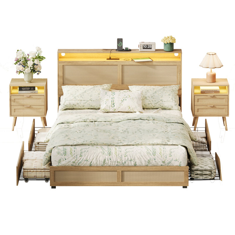 Ensemble de 2 lits plateforme avec rangement et table de chevet, Lit double
