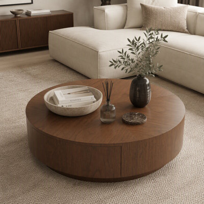 Table basse ronde en forme de tambour avec fini noyer, tiroir de rangement dissimulé et pattes sphériques