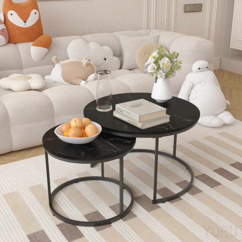 Ensemble de tables basses gigognes 2P 27,6 po - Motif de marbre de bois, structure en métal - Noir, Black