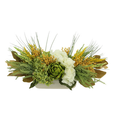 Hydrangea, Heather and Artichoke Fall Centerpiece in Oval Pot