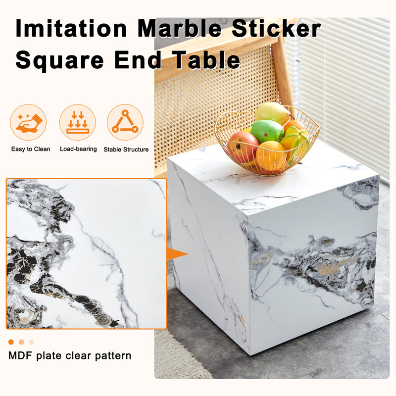 Javanie 15.75-Inch Modern Square Cube End Table for Small Spaces, White Marble
