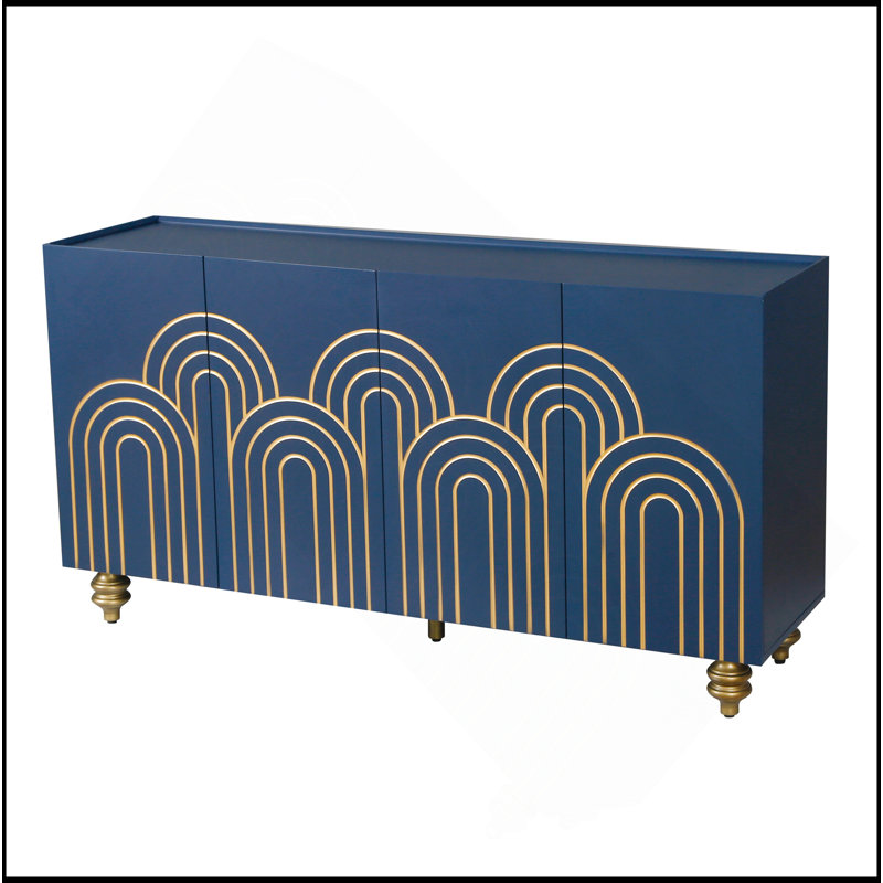 Buffet moderne cannelé avec rangement, élément courbe avec lignes strictes, armoire de rangement à 4 portes avec tablettes réglables pour la cuisine, la salle à manger et le salon