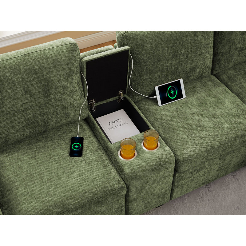 Pull-Out Sofa With Storage Chaise, Upholstered Couch With Console, Green Chenille
