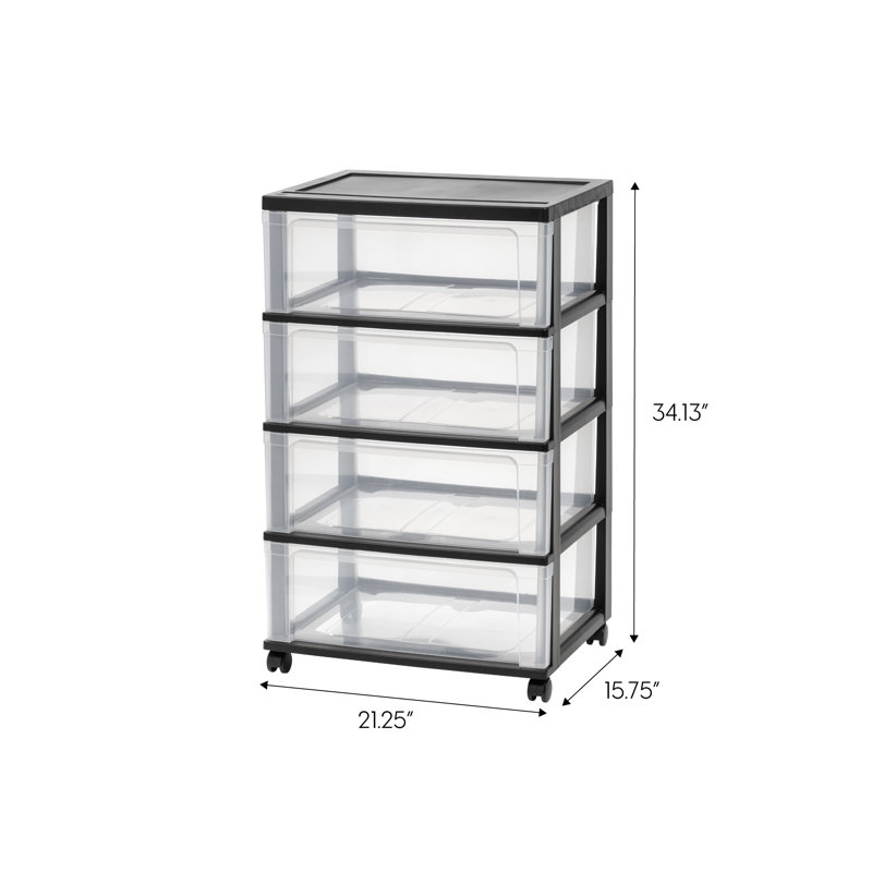 4 Drawer Wide Plastic Storage Chest with Casters, Black