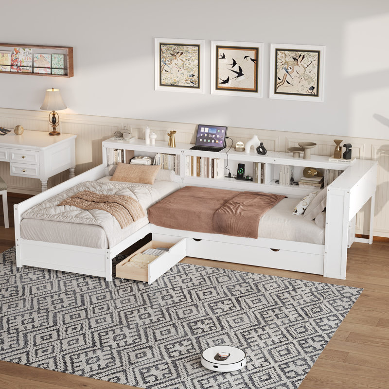 L-Shaped Daybed With Trundle, Drawer, And Usb, White