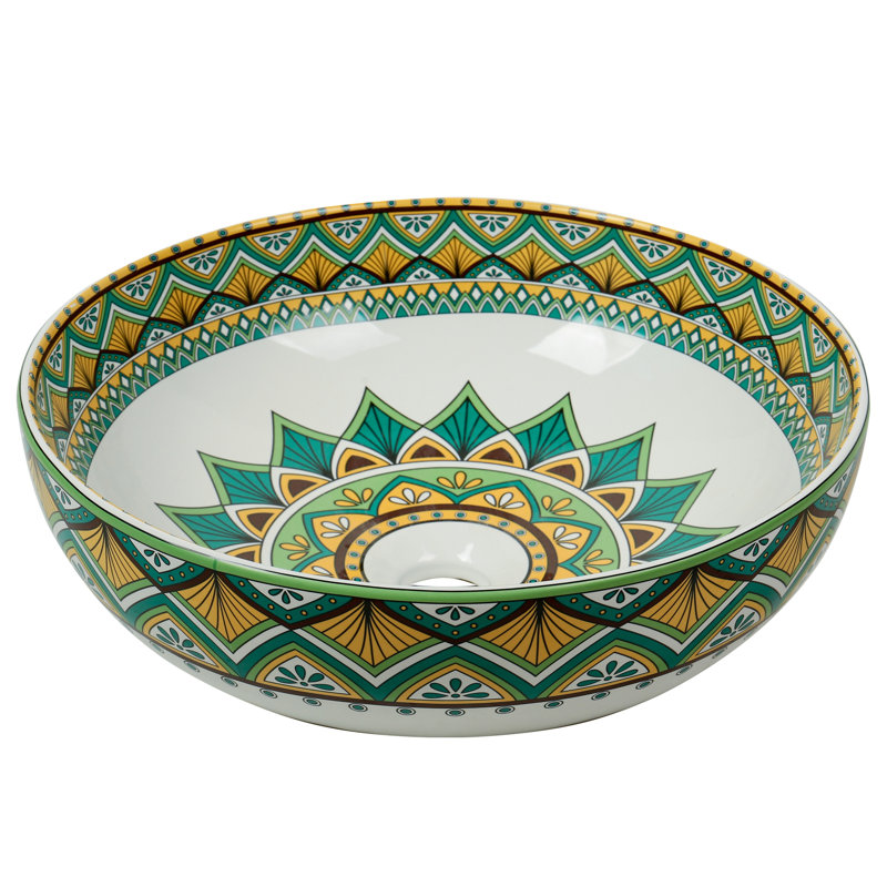 Lavabo vasque rond en céramique artistique 16 po - Lavabo brillant au-dessus du comptoir avec motif imprimé inspiré de la main