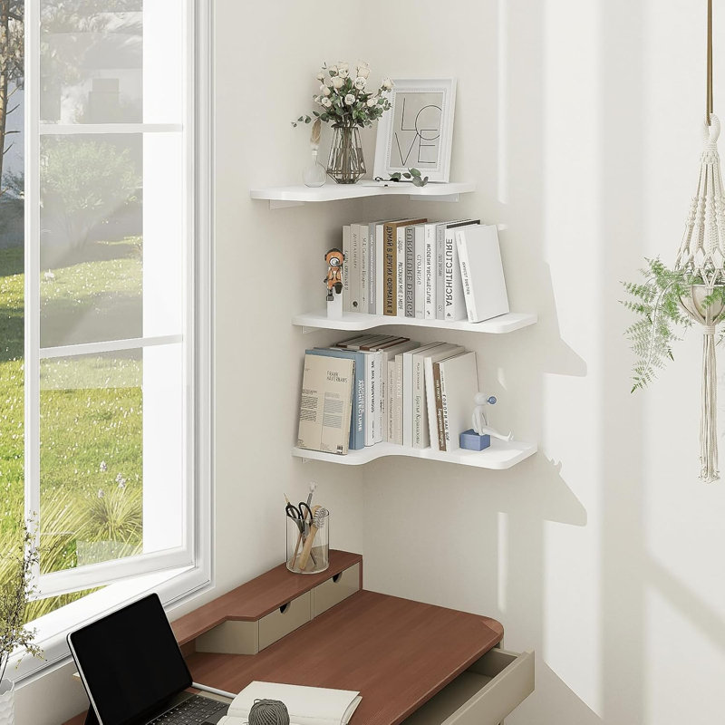Floating Corner Shelves Set Of 3, Wall Mounted L-Shaped Display Shelves With Cord Hole, Space Saving Wooden Shelves For Bathroom Kitchen Living Room