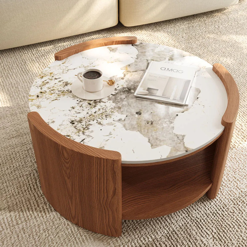 Table basse ronde en pierre frittée avec tablette de rangement, H 15 po x L 39 po x l 39 po, Pandora, Brun