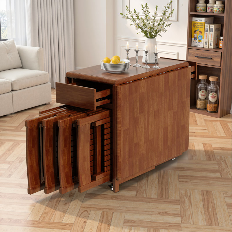 Folding Drop Leaf Dining Table and Chairs, Fully Assembled Solid Wood Space-Saving Kitchen Table and Chairs Set with Storage & Lockable Wheels