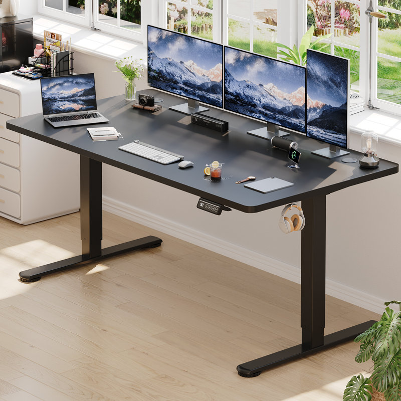 Electric T-Shape Height Adjustable Standing Desk, 160cm W x 70cm D, Beige