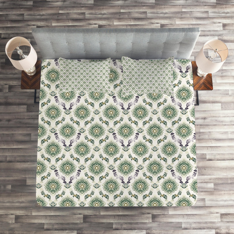 Farmhouse / Country Polyester Damask Coverlet, King Bedspread + 2 Shams, Green