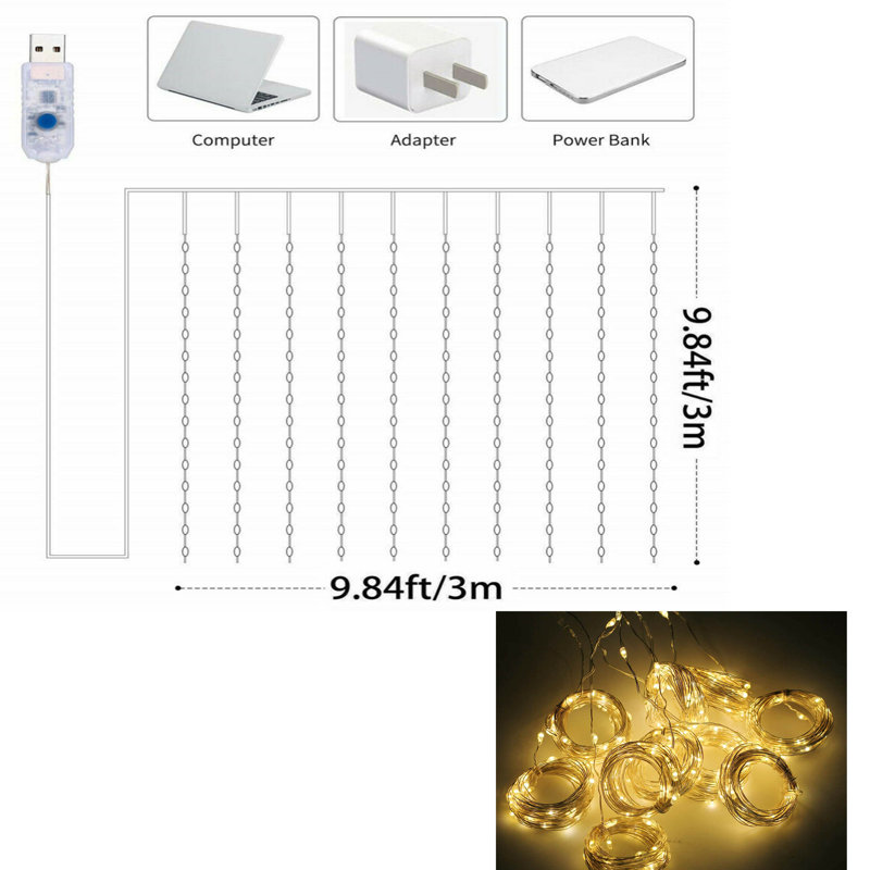 Guirlande de guirlandes de rideau imperméable avec guirlande de lumières à DEL 9,8 pi 9,8 pi Abdulshakur, Blanc chaud