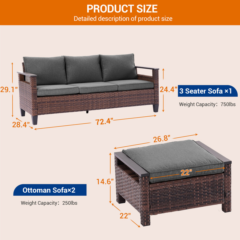 3-Seater Sofa & Ottomans PE  Rattan Patio Sofa Set With Thick Cushions and Sturdy Frame, Black