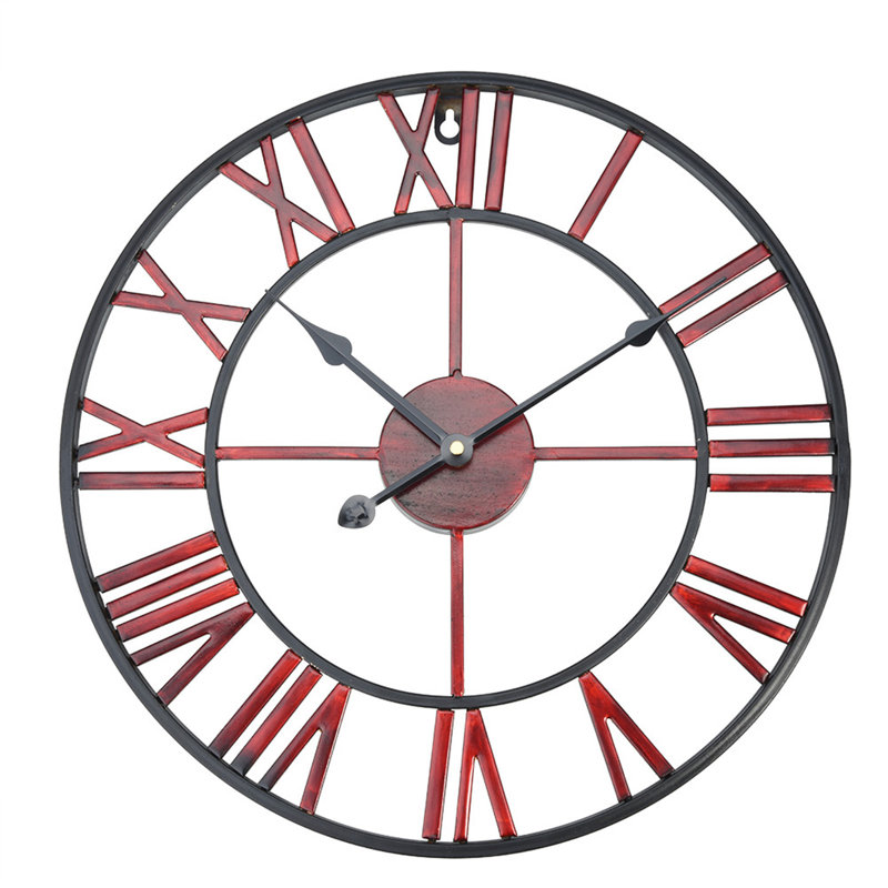 Horloge murale ronde classique en métal, grand format, chiffres romains, décoration intérieure (bordeaux, 40 cm de diamètre)